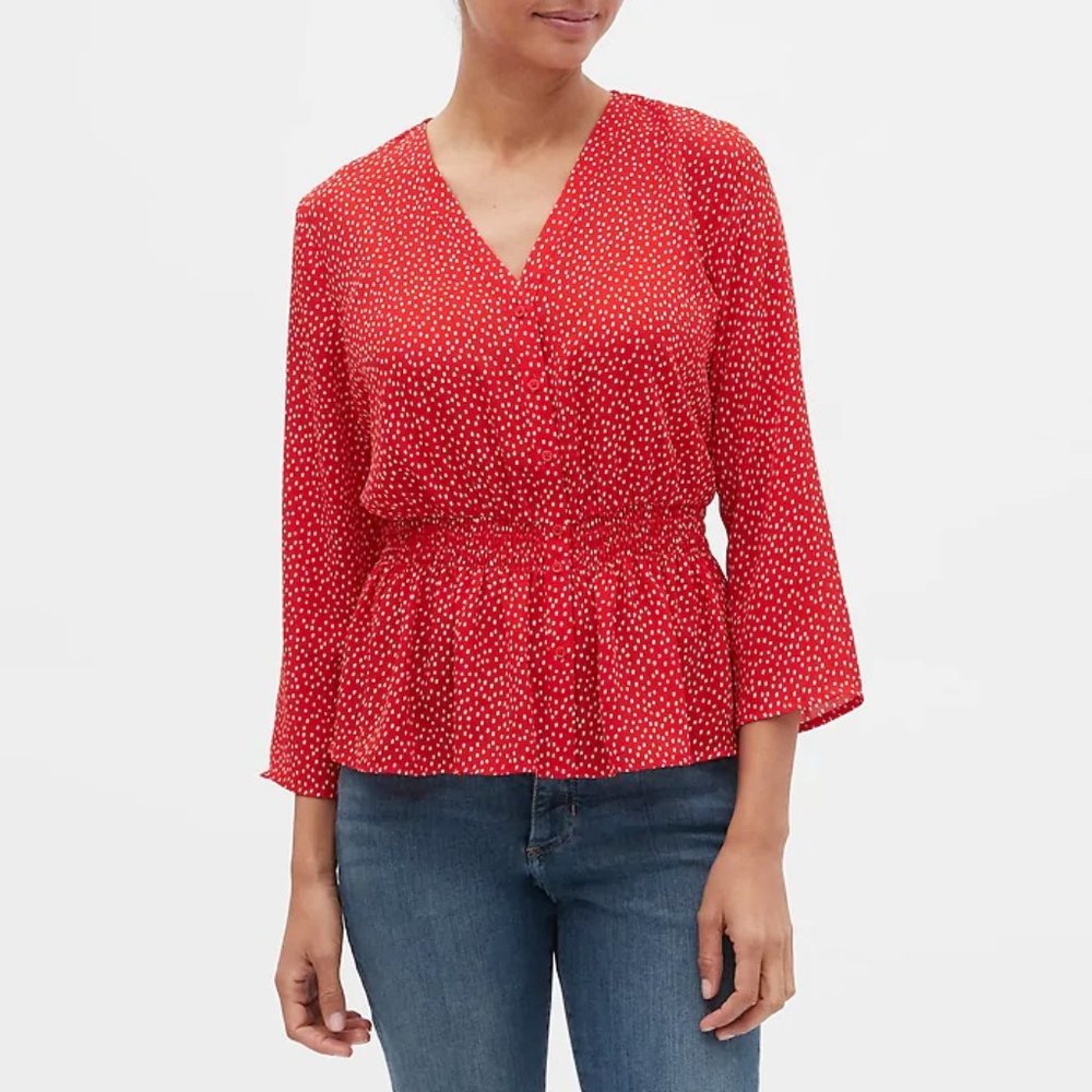 Banana Republic Factory Smocked Waist Polka Dot Blouse Red & White Sz S NWT